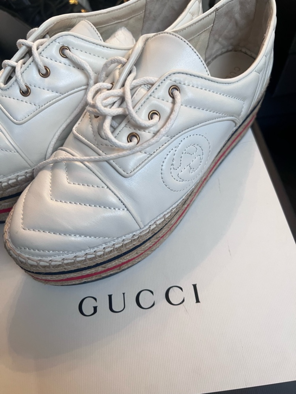 Gucci White Leather Platform Espadrille with Red & Blue Stripe